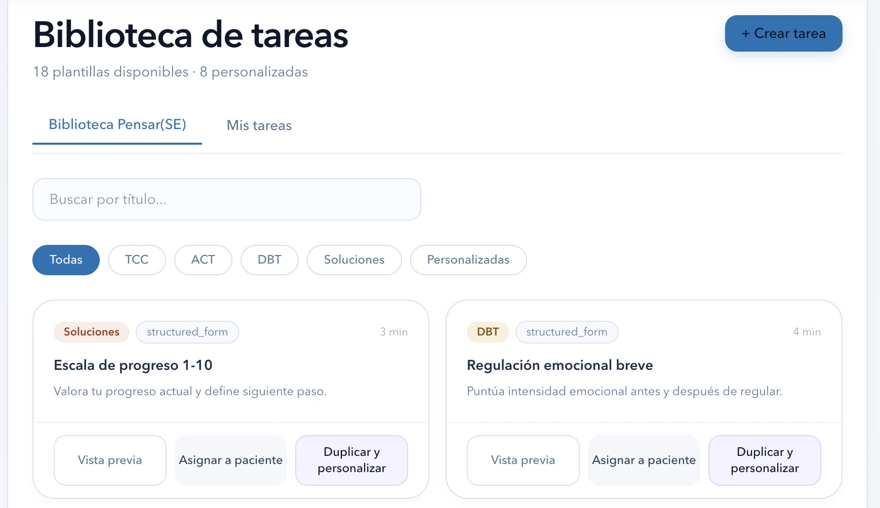 Biblioteca de tareas terapéuticas de Pensar(SE), organizada por enfoque.
