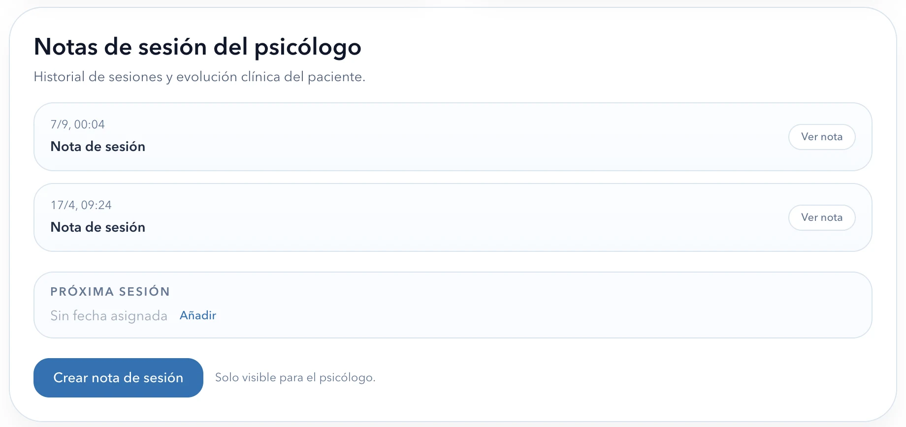 Notas de sesión privadas del psicólogo en Pensar(SE).